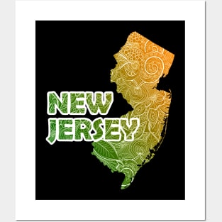 Colorful mandala art map of New Jersey with text in green and orange Posters and Art